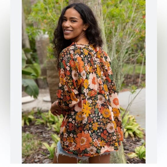 Natural Life NEW Loge Floral Boho Cotton Top w/ Matching Drawstring Bag S/M - Picture 3 of 8